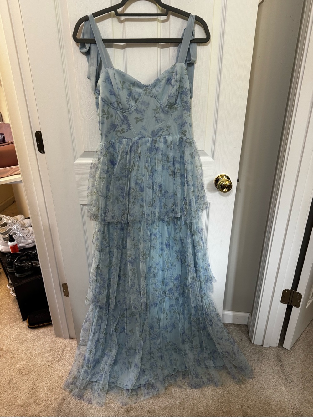 Light Blue Floral Tiered Maxi Dress with Spaghetti Straps